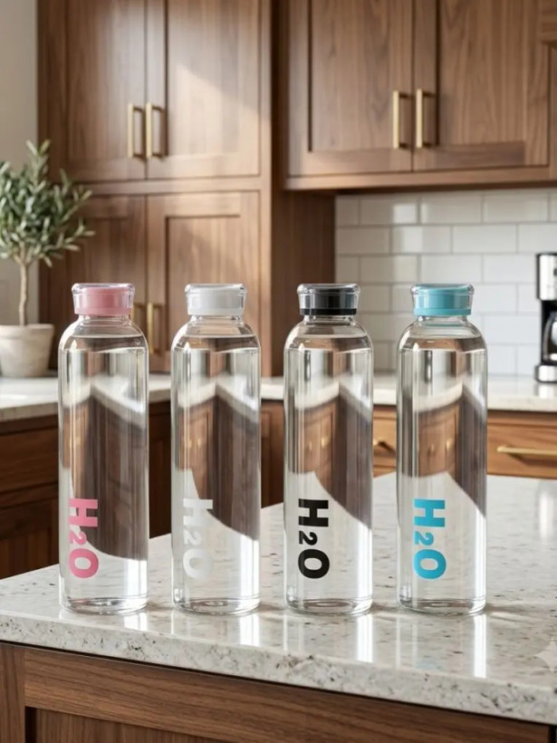 بطری آب پیرکس شفاف H2O رنگی روی کابینت کنار هم